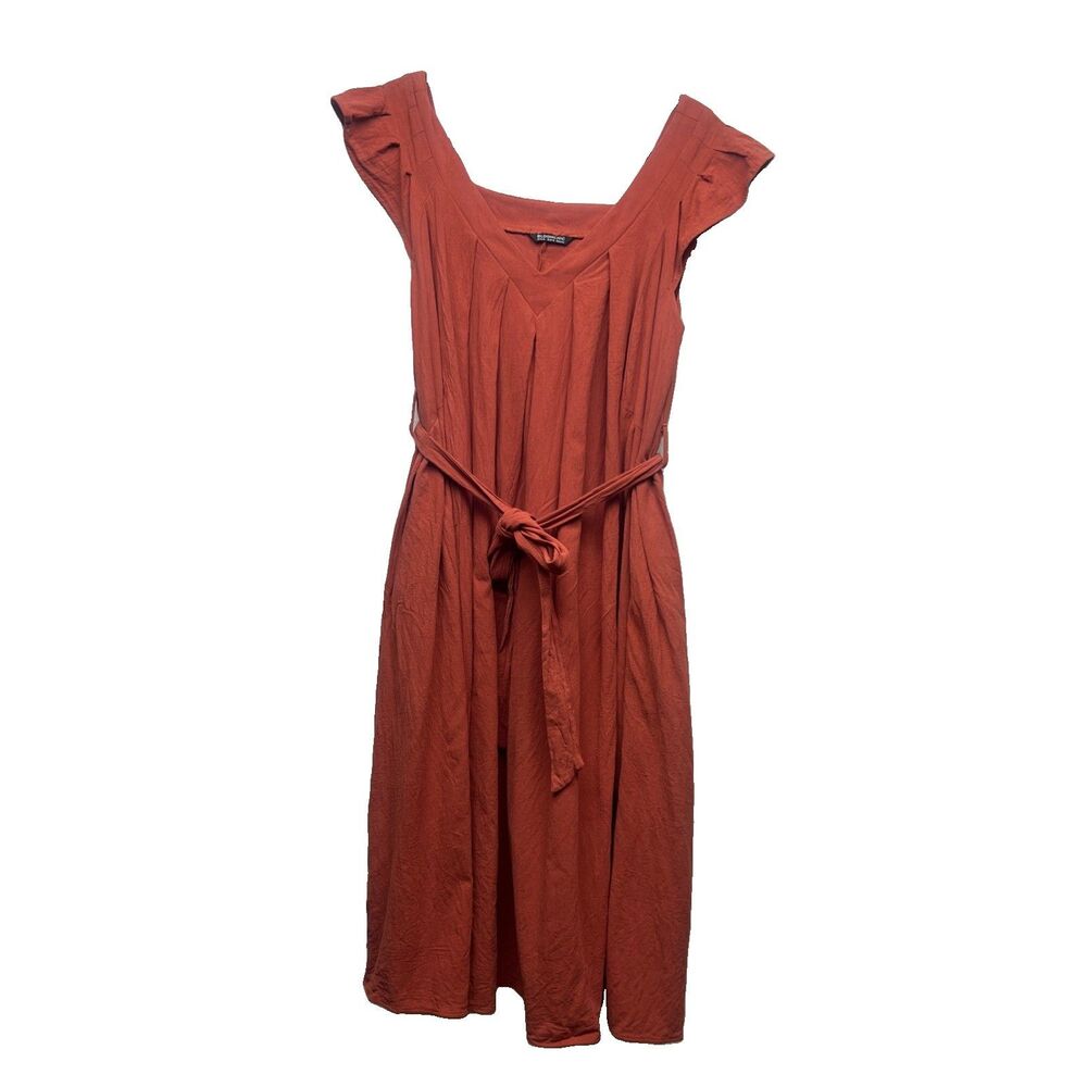 Bloom Chic Brick Red Dress Flutter Sleeve Minimalist Size 14/16 Cotton Pockets
